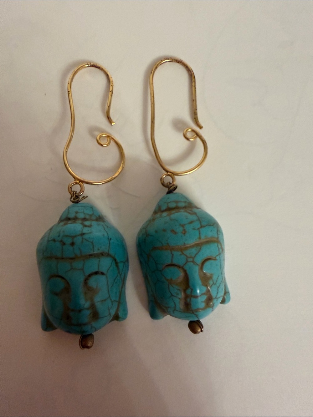 Turq Howlite Buddha head Drop Earrings, Gold Tone Hooks 2-1/2 inches never worn
